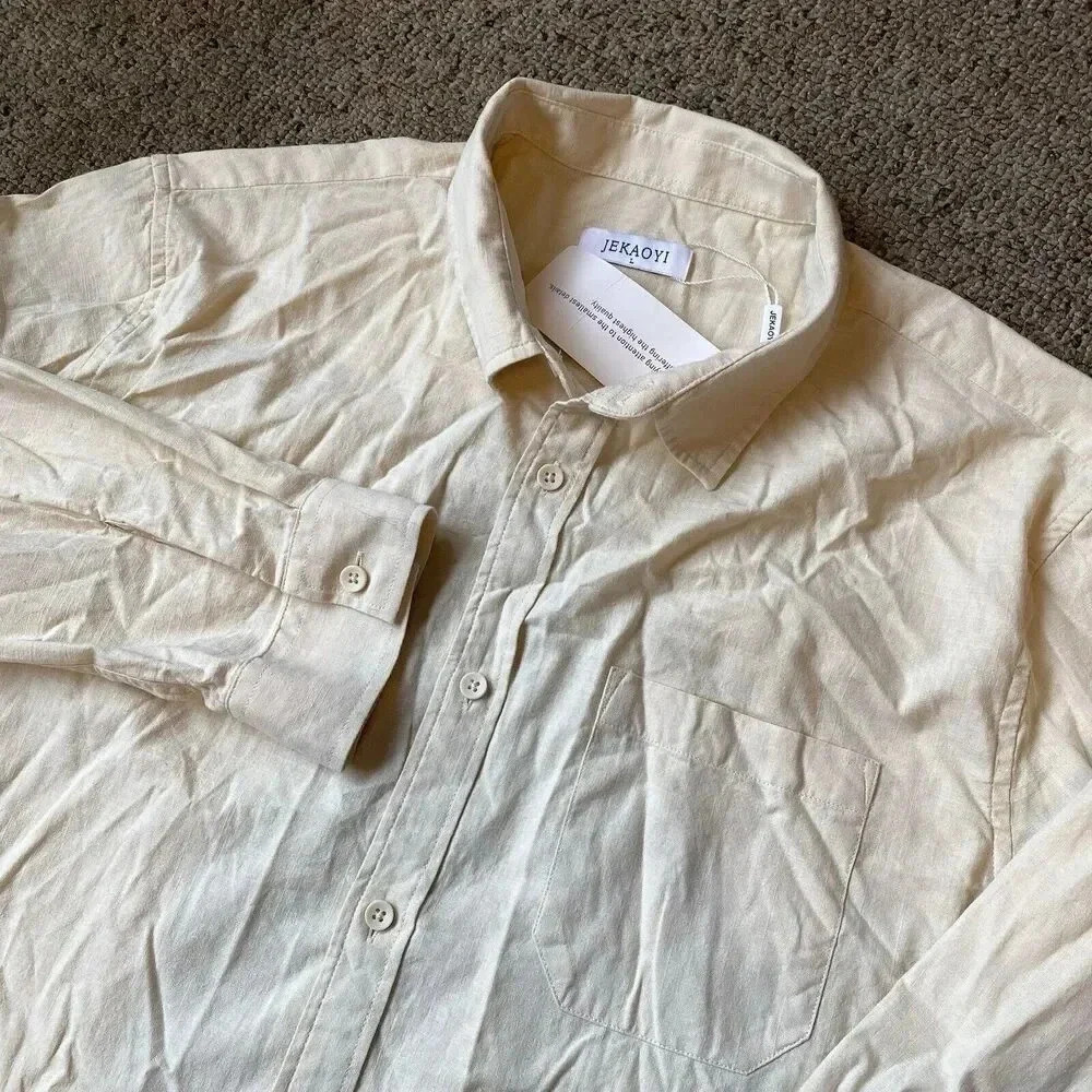 New Men's Jekaoyi Beige Long Sleeve Linen Blend Dress Shirt Size L Resort Wear